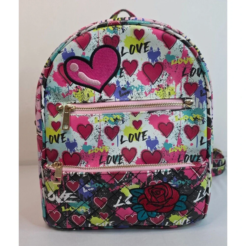 Under One Sky Love Heart Mini Backpack & Matching Zip Pouch Pink Graffiti Bag